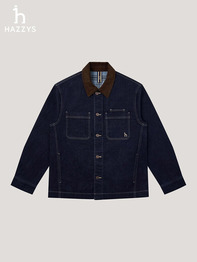 HAZZYS Men's 2025 Autumn and Winter New Jacket Corduroy Collar Plaid Lined Denim Jacket Men ASVZU0CDU14 M170/92A46