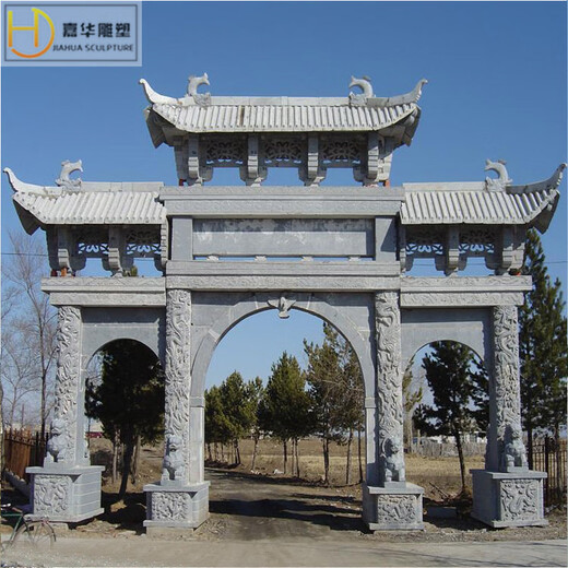 Granite archway, stone carving, village entrance, mountain gate, white jade gate tower, white marble relief, modern marble ancestral hall, stone carving archway