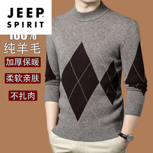 JEEP SPIRIT suéter de lana 100% de marca grande de gama alta para hombre nuevo suéter de medio cuello alto de invierno de oveja cálida gruesa de mediana edad. Suéter de cachemira gris medio gama alta grado especial sin pilling 2025 otoño e invierno nuevo estilo XL 175 (peso recomendado 140-160 Jin Jin equivale a 0,5 kg)