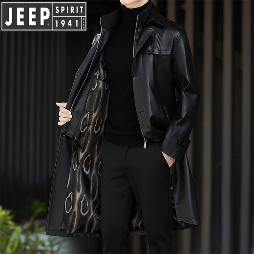 JEEP SPIRIT Leather Jacket Men's Business Plush Thickened Leather Jacket Extra Long Over-the-Knee Fur One-piece Warm Leather Coat Jacket Black M 170
