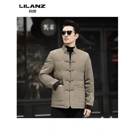 LILANZ Tang Suit Down Jacket Autumn and Winter Men's Chinese Style Stand Collar White Duck Down Jacket Short Lightweight Casual Warmth Khaki 517 14XL (190)