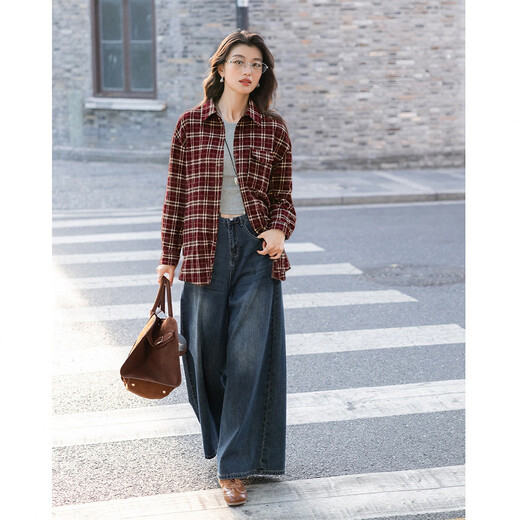 Ives (ITISF4) retro plaid long-sleeved shirt spring loose design top for junior high school and high school students red plaid S