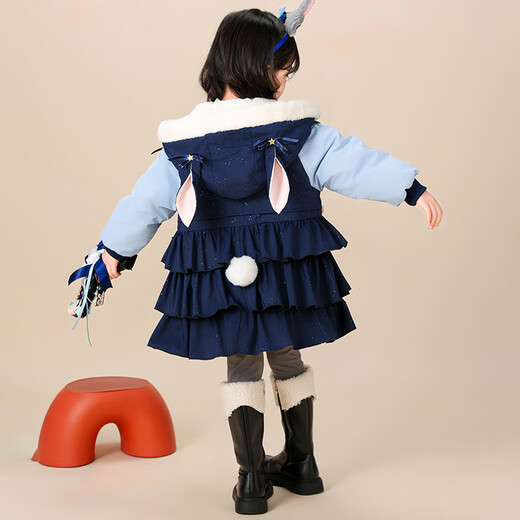 Hanzaki Judy Rabbit thickened cotton coat 2025 new winter style girl's stylish Judy Rabbit police officer cotton coat winter coat Navy blue cotton coat + big hat + rabbit pendant + fur ball quilted and velvet thickened version 130 cm The size is too large