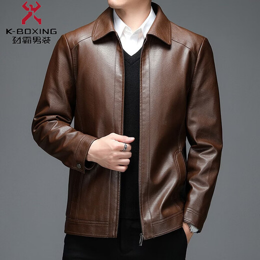 KBXNG Jinba leather jacket plus velvet quilting and thickened stand collar men's winter soft leather jacket leather jacket short middle-aged men yellow yellow L 175