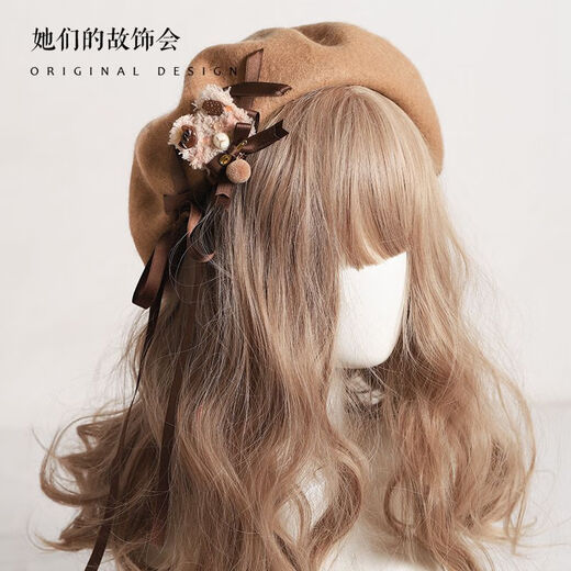 Xiaohongshu's popular beret 2024 new versatile and cute retro bear painter hat for women Japanese winter hat khaki with bear M (46-48cm) one size