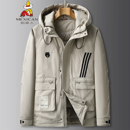 Scarecrow Fat Brother 2025 Winter Hooded Workwear Down Jacket Men's Plus Fat Extra Large Thickened Coldproof Warm Down Jacket Beige 6XL (Recommended 230-250Jin Jin equals 0.5kg)