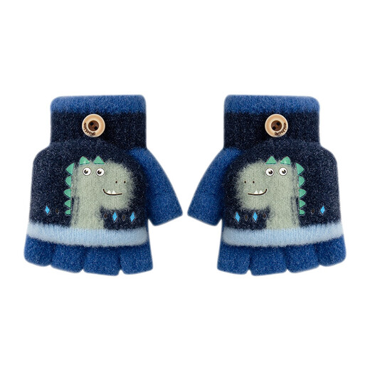 Wooden house children's gloves 3-6 years old winter boys half-finger flip cartoon fingerless baby boy thickened to keep warm and cold-proof A028 navy blue 3-5 years old