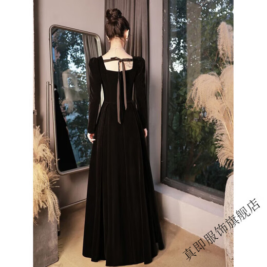 True Black Annual Party Evening Dress Feminine Textured Velvet Long Sleeve French Art Test High-end Niche Light Luxury Winter 6116 Black Long S