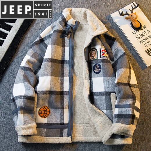 JEEP SPIRIT新款重磅美式格子羊羔绒立领男冬季加绒加厚羊羔外套 绿色 注：偏大码数 M (100-140斤)