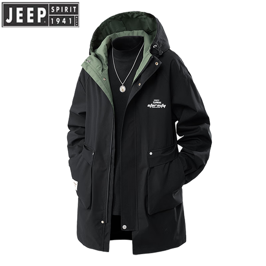 JEEP SPIRIT genuine men's mid-length windbreaker 2026 autumn and winter plus velvet thickening large size casual loose coat clothes 6851 black 2XL weight 140-160Jin Jin equals 0.5 kg