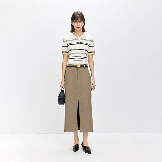 LILY2026 Spring New Fashionable Simple POLO Collar Contrast Color Stripes Casual Commuting Short-Sleeved Knitted Sweater Women's 703 Beige M