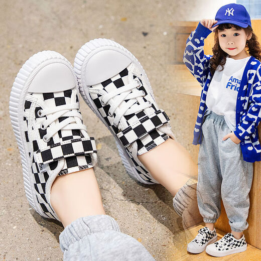 Children's canvas shoes 2025 spring and autumn new student shoes boys plaid sports shoes girls soft bottom low-top sneakers QC-A58 black 35 size 35 shoes inner length 21 points 5cm
