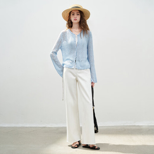 Chuyu Lyocell Linen Sweater Women's 2026 Spring New Hollow Retro Romantic Bell Sleeve Top Light Blue S