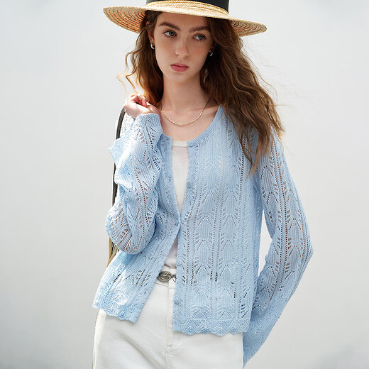 Chuyu Lyocell Linen Sweater Women's 2026 Spring New Hollow Retro Romantic Bell Sleeve Top Light Blue S