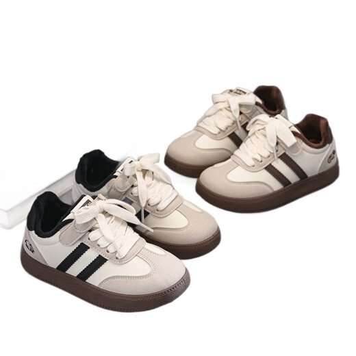 ABJA versatile soft-soled children's moral training shoes for boys and girls, children's casual shoes 2025 winter new plus velvet two-cotton sneakers, beige 32