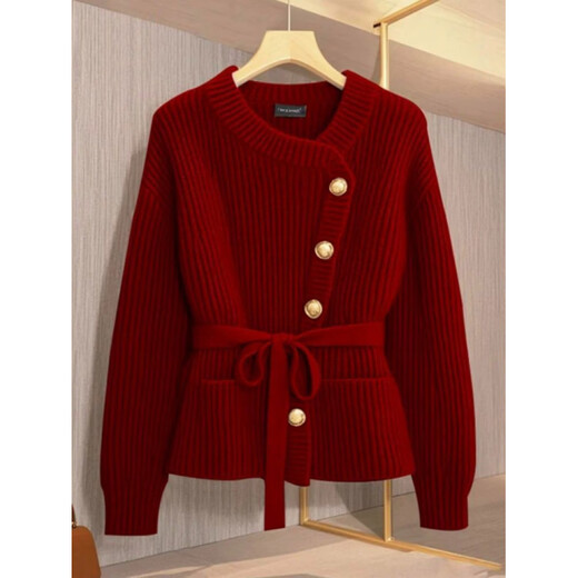 Luo Meng's natal New Year red sweater jacket for women 2025 winter new unique style thickened knitted cardigan top red top (soft and waxy sweater jacket/Korean style/S