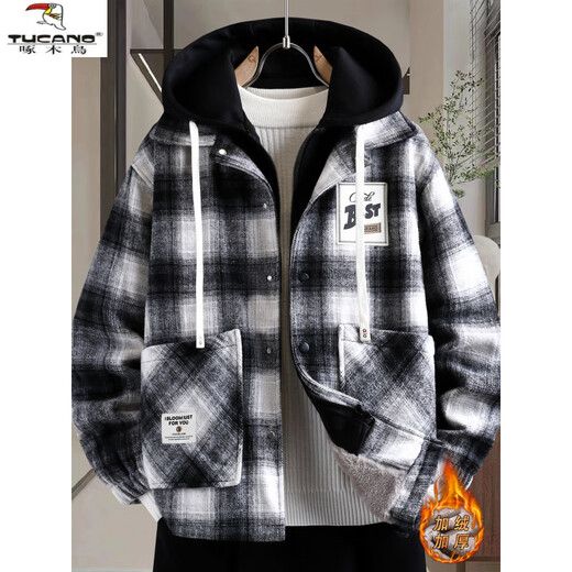 Woodpecker (TUCANO) autumn and winter vacation two-piece jackets for boys, junior high and high school students, velvet and thickened, teenagers and older men's jackets, cotton-padded jackets 8509 black plaid (single jacket), velvet and thickened M 80-100Jin Jin is equal to about 0.5 kg