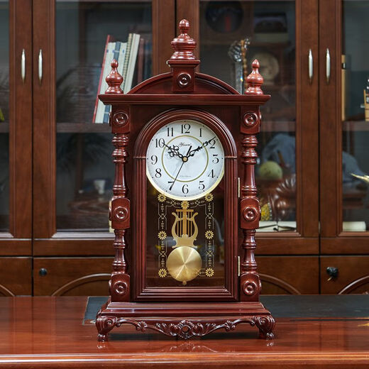 CLCEY Chinese solid wood table clock hourly timekeeping retro table clock home living room desktop desktop clock European clock ornaments silent model 18 inches