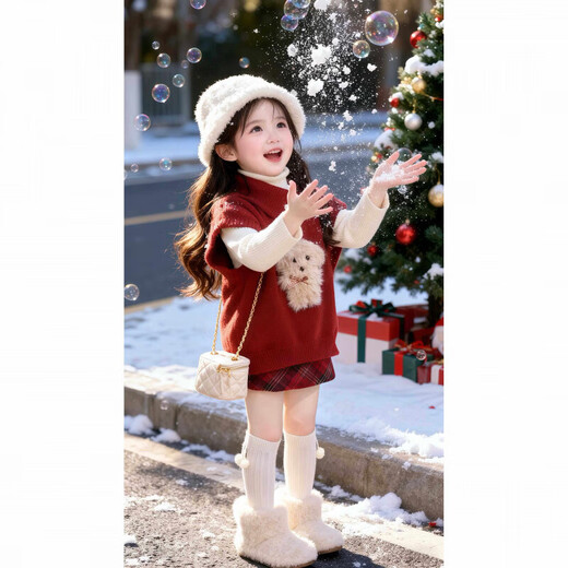 FHHUABD girls suit autumn and winter red cute knitted cape sweater red plaid skirt Christmas and New Year clothes single skirt 100 cm suitable for height 90-100cm