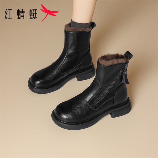 Red Dragonfly Short Boots for Women British Style Versatile Velvet Thickened Snow Boots Warm Winter 2025 New Black Velvet Heel Height 4.1cm 35 (225mm)