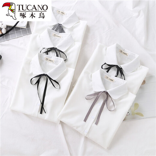 Woodpecker 2025 spring, autumn and winter new velvet thickened bow chiffon white shirt for women with long-sleeved bottoming top round neck coffee plaid lace-up without velvet S