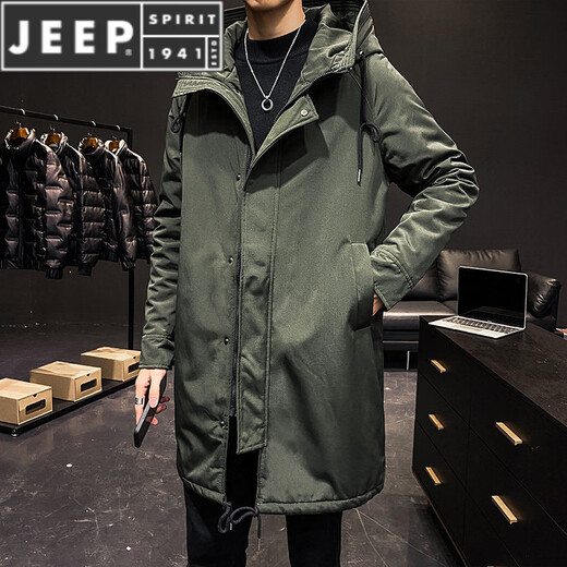 JEEP SPIRIT cotton coat men's mid-length winter thickened parka cotton coat loose hooded workwear windbreaker jacket ins coat military green quilted M