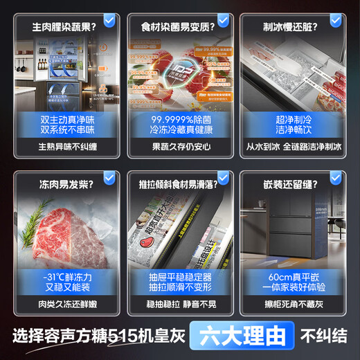 Rongsheng Cube Sugar 515L French style multi-door refrigerator dual system ultra-thin zero-embedded first-level energy efficiency automatic ice making gray BCD-515P60FZNAD national subsidy World Cup BCD-515P60FZNAD gray national subsidy