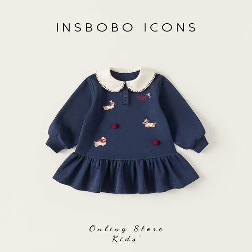 INSBOBO Girls Dress 2026 Spring New Children's Skirt Little Girl Good-looking Clothes Western Style Children's Clothing Navy 80