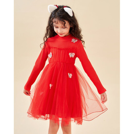 Montagut Children's Clothing Girls Autumn and Winter New Three-dimensional Bow Round Neck Children's Spliced Mesh Skirt New Year's Festive Dress Fashion