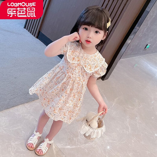 乐芭鼠童装女童连衣裙女宝宝衣服夏季甜美可爱碎花裙小孩裙子公主裙娃娃领洋气时髦薄款中小童 桔色 100码建议2-3岁 ( 90-100cm )