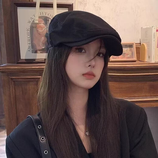 Ershanji Advance Hat Black Duck Beret Hat Women's Autumn Japanese Retro Versatile Painter Hat Big Head Circumference Shows Small Face One Size