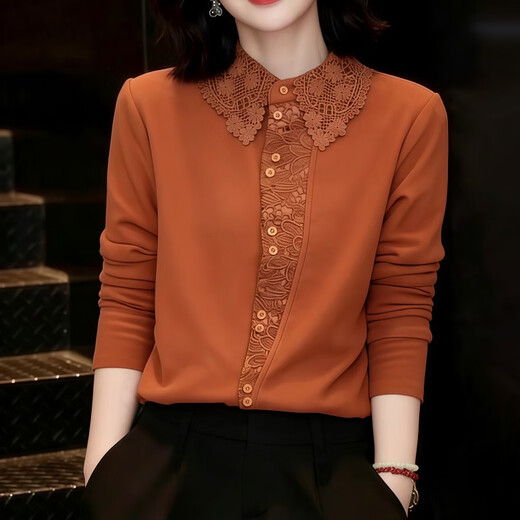 Sudian Women's Original Brand Flagship Store Fashionable and Western Style Velvet Thickened Lace Lapel Waist Revealing Warm Shirt Winter Orange XL