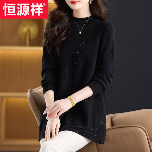 Hengyuanxiang foreign style mother autumn and winter new half turtleneck knitted sweater for middle-aged women loose large size flesh-covering mid-length bottoming shirt black 2XL