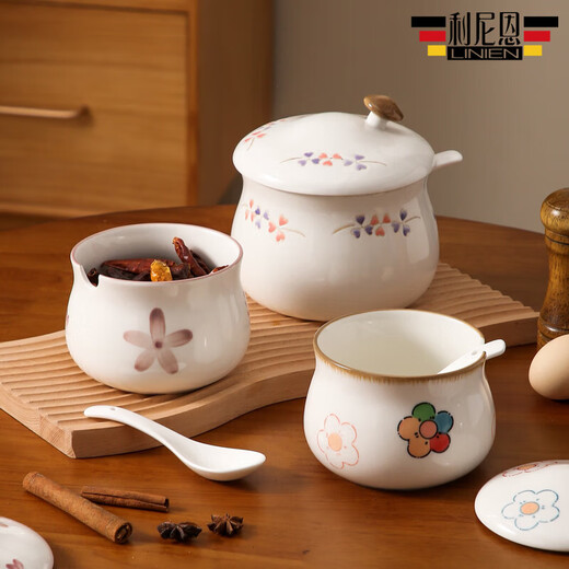 High temperature resistant lard jar jar ceramic kitchen seasoning bottle household salt jar oil spicy jar large capacity hand-painted lard jar large colorful flower 1050ml