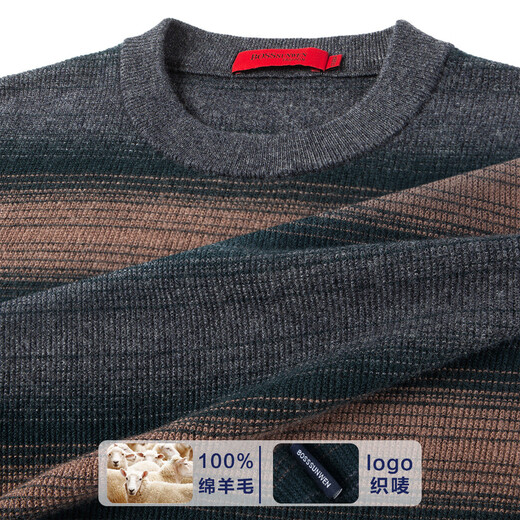 Bosssunwen 100% sheep wool new spring style skin-friendly breathable contrast jacquard men's long-sleeved round neck cardigan gray striped M
