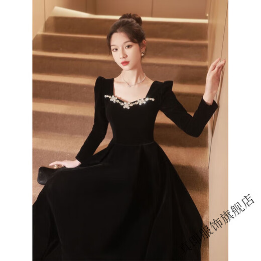 True Black Annual Party Evening Dress Feminine Textured Velvet Long Sleeve French Art Test High-end Niche Light Luxury Winter 6116 Black Long S