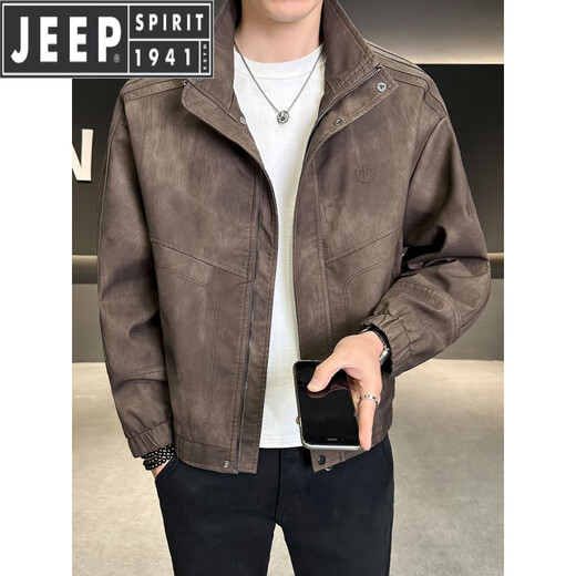 JEEP SPIRIT leather jacket men's autumn and winter autumn 2025 new fashion brand stand collar casual fashion handsome motorcycle leather jacket ruffian handsome men's clip coffee color M