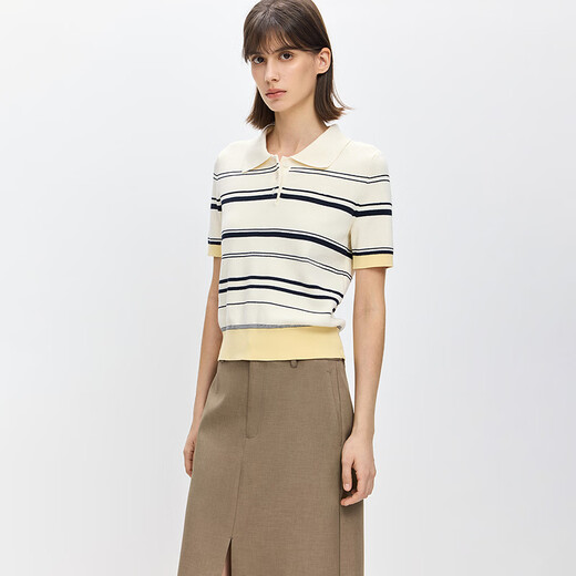 LILY2026 Spring New Fashionable Simple POLO Collar Contrast Color Stripes Casual Commuting Short-Sleeved Knitted Sweater Women's 703 Beige M
