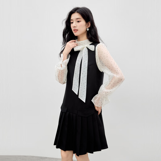 Qiushui Yiren Simple Casual Dress 2026 Spring New Commuting Collar Bow H-Type Suit Black S