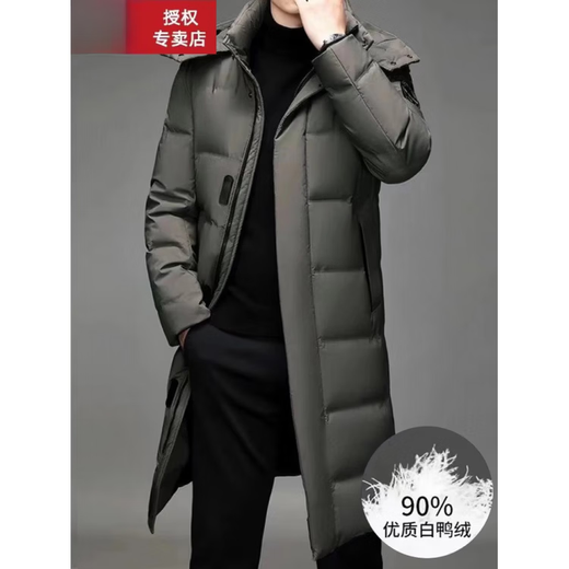 恒源祥羽绒服男士中长款过膝2025冬季新款加厚宽松大码白鸭绒外套 ZMN-377灰绿色【无毛领】 M 建议(95-120斤)