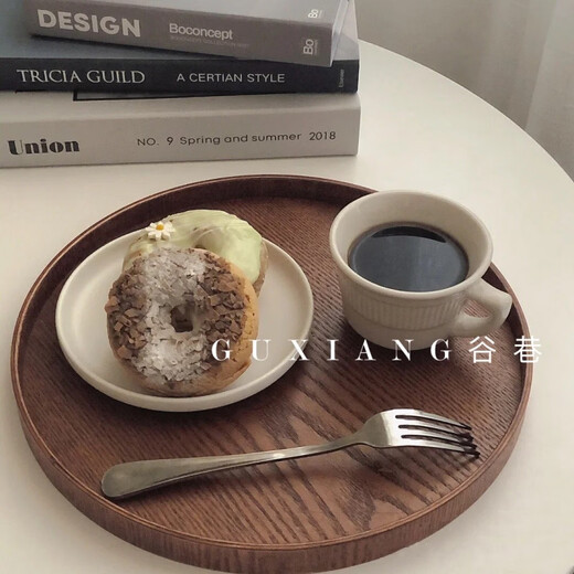 Tuojin ins style wooden tray round Japanese tea tray dining tray cafe dessert tray storage tray cake tray snack tray brown diameter 24cm