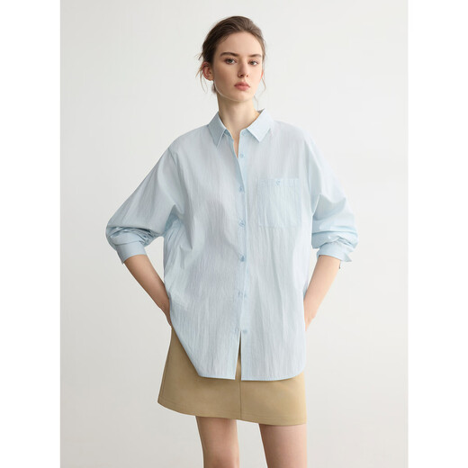 ELLE blue high-end loose long-sleeved shirt for women 2026 spring new lapel commuter style fashionable shirt blue S
