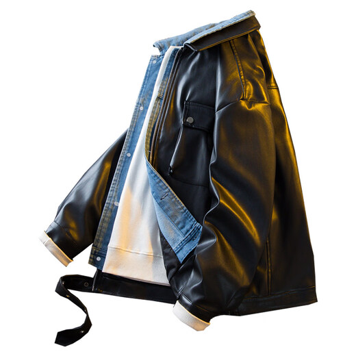 Playboy American spliced denim fake two-piece leather jacket men's sexy men's handsome motorcycle lapel jacket trendy black M