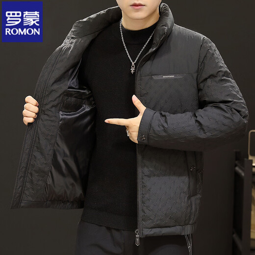 Новый зимний мужской пуховик ROMON 90 с белым утиным пухом высокого класса с воротником-стойкой, повседневная утолщенная теплая куртка для молодежи и среднего возраста, тренд черного цвета, высококачественный 90 утиный пух XL 180, подходит для веса 140-160 Джин Джин равен 0,5 кг