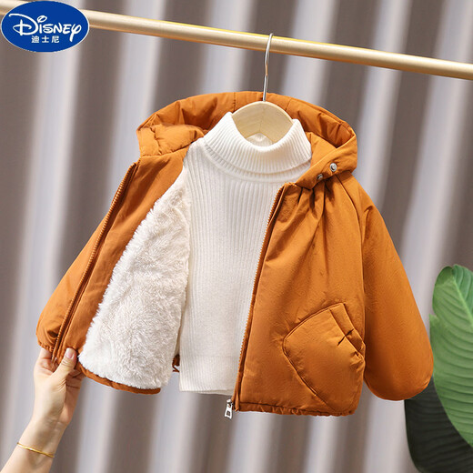 Disney (Disney) Girls' Velvet Thickened Cotton Jacket 2025 New Baby Girl's Warm Hooded Fashionable Winter Clothes Padded Children's Cotton Jacket Pumpkin Color Cotton Jacket 120 cm