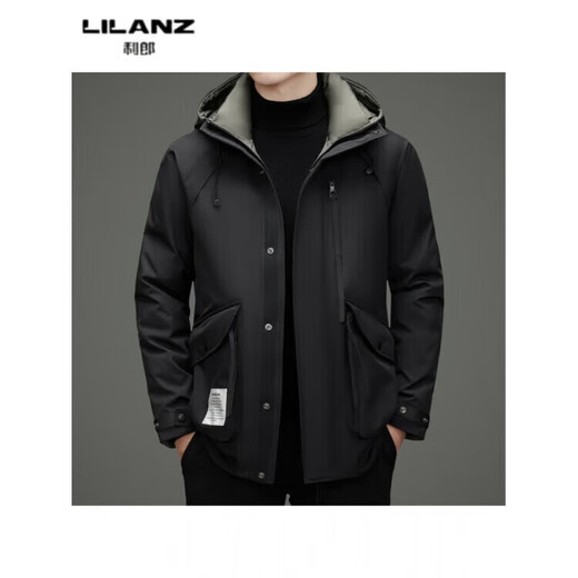 LILANZ winter high-end white duck down hooded jacket for young men fashionable versatile warm down jacket men casual thickened black 6907 removable liner 14XL (195)