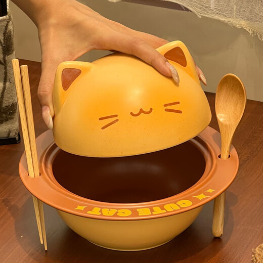 Defang Toast Kitten Instant Noodle Bowl Cute Tableware Large Capacity Covered Creative Home Beautiful Ceramic Bowl Set