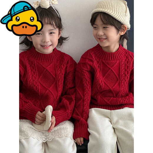 G.duck parent-child New Year's greetings clothes for a family of three and four for photo taking red New Year sweaters thickened Spring Festival street clothes for the whole family new version of twist sweater 140 cm