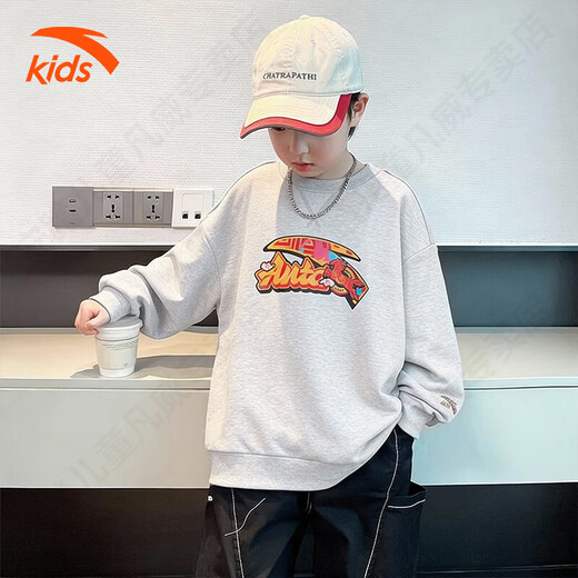 ANTA velvet children's sweatshirt, boys' sweatshirt, thickened youth red sweatshirt, autumn and winter warm sports top for girls, gray floral gray, velvet style 170