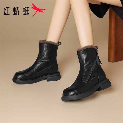 Red Dragonfly Short Boots for Women British Style Versatile Velvet Thickened Snow Boots Warm Winter 2025 New Black Velvet Heel Height 4.1cm 35 (225mm)